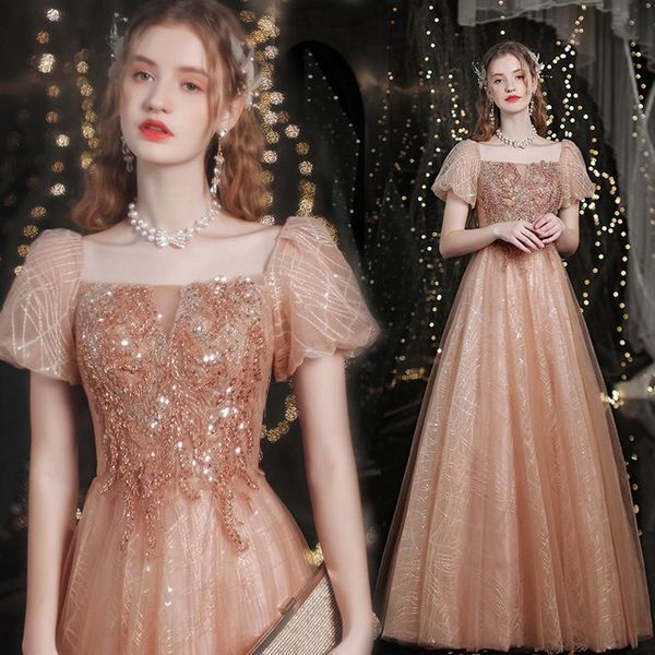 

ethnic clothing fairy dreamy banquet evening dress women chinese qipao sweet mesh puff sleeve formal prom sequins beads maxi, Red