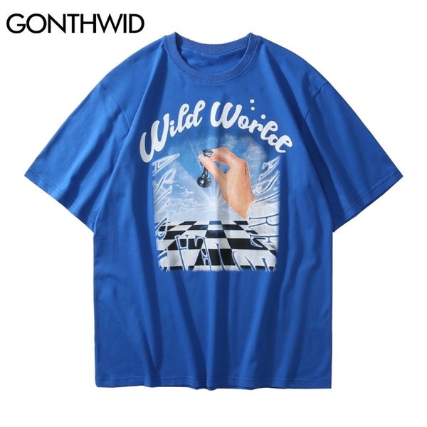 

tees shirt summer men streetwear gothic chessboard plaid print t-shirt cotton casual harajuku hip hop tshirt loose 210602, White;black