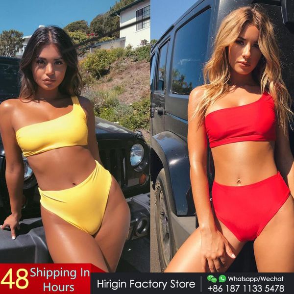 

women's swimwear one shoulder bikini set women swimsuit 2021 pure color push up padded biquini bathing suit monokini, White;black