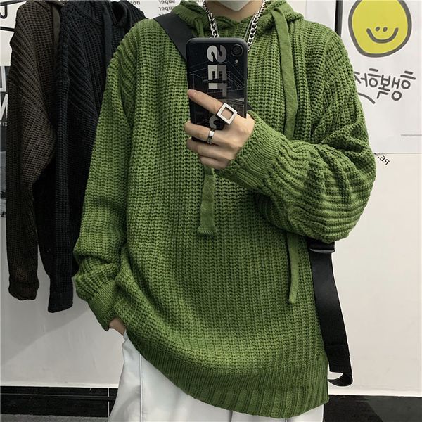 

2021 new winter thick hooded sweater men's warm fashion casual retro knitted pullover men wild loose korean sweaters mens clothes -xl, White;black