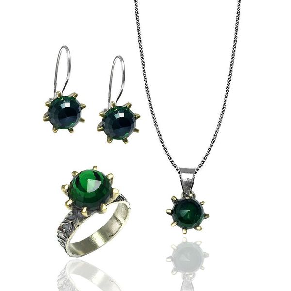 

earrings & necklace emerald stone handcrafted authentic sterling silver triple set