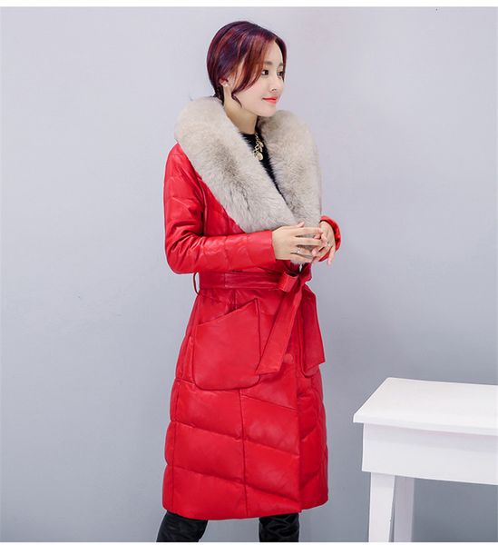 

2021 new warm down thick jackets winter female collar leather jacket slim women's fur coat jaqueta couro wxf205 r3rf, Black
