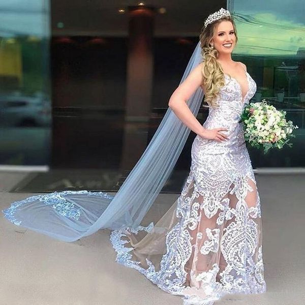 

modern pattern lace mermaid wedding dresses 2021 arabic dubai summer spaghetti straps illusion formal bridal gowns deep v-neck bride dress, White