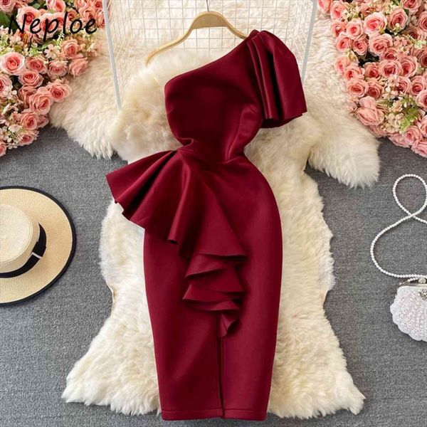 

light high level ferast robe women dress stereo ruffled diagonal collar slim waist sleeveless split vestido, Black;gray