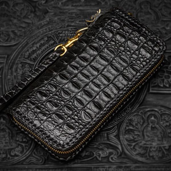 

wallets high-grade handmade black crocodile skin knitting purses men long clutch vegetable tanned leather wallet card holder, Red;black