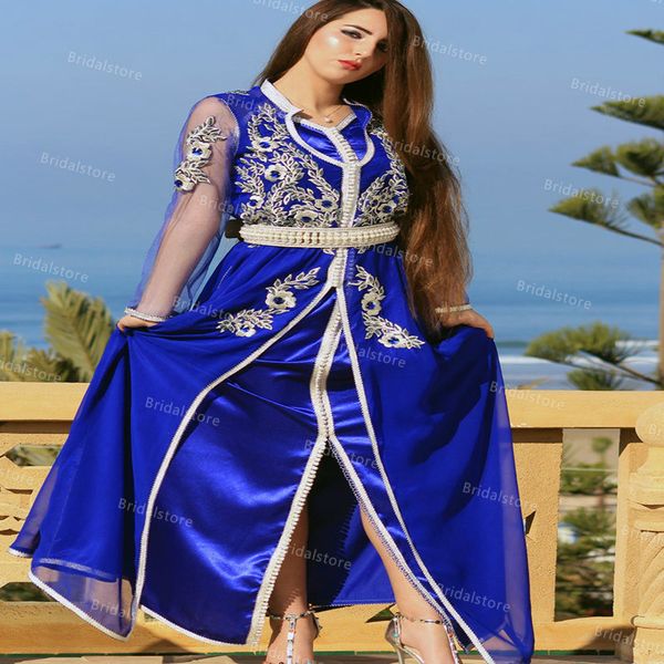 

elegant royal blue crystal kaftan evening dresses long sleeve dubai abaya formal prom dress vintage lace turkey evening gowns muslim dress, Black;red