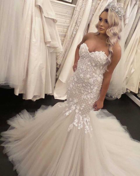 

2022 mermaid wedding dresses lace applique bridal gown sweep train tulle sweetheart neckline tulle sequins custom made plus size vestidos de, White