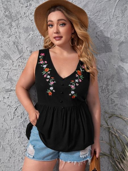 

plus floral embroidery ruffle hem tank y4x2#, Black
