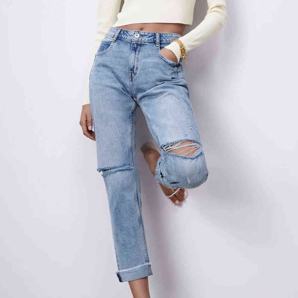 

za women casual ripped straight leg jeans washed slim full length high waist mom denim pants pocket hole trousers ladies 211129, Blue