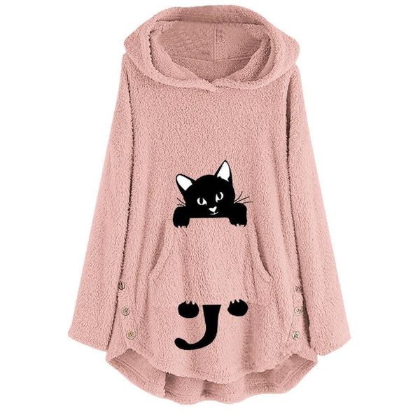 

sweatshirt cat embroidery long sleeve hoodies kawaii winter womans fleece jackets keep warm buttons pocket hoody pullover coats, Black