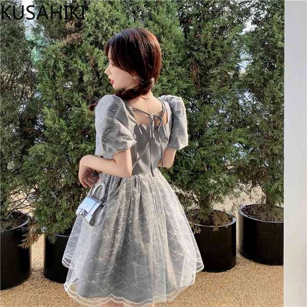 

sweet chic bowknot square collar woman dress korean puff sleeve high waist a-line vestido femme dresses 6j735 210603, Black;gray