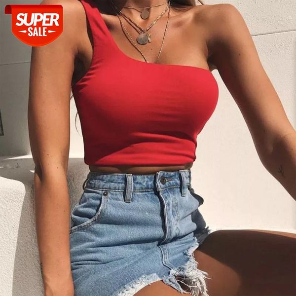 

women lady female one shoulder crop sleeveless t-shirt tank summer beach vest bare midriff summer fashion clothes #ei6b, White