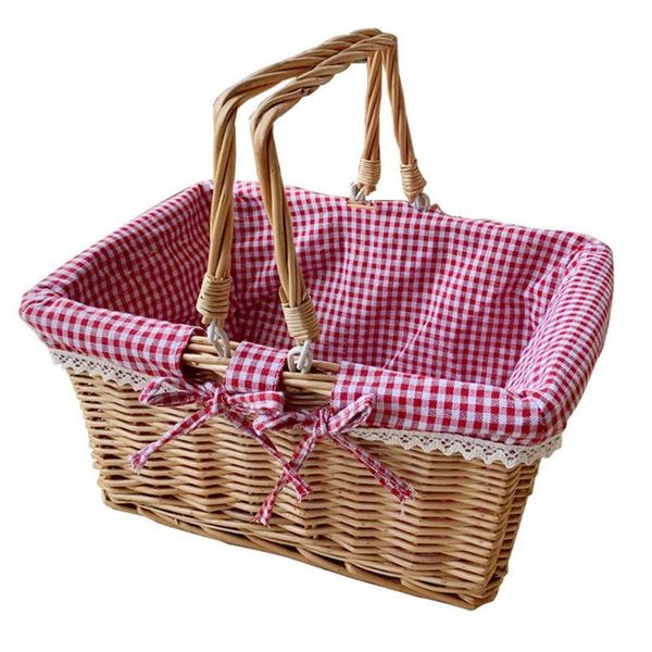 

picnic basket, woven natural wicker basket with double handles and cloth lining for sundry container fruit storage