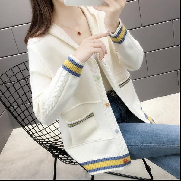 

hooded knit cardigan female 2021 fall and winter clothes new korean foreign ride western style fashion sweater coat spring, White;black