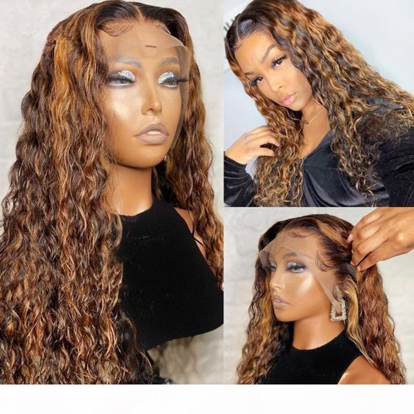 

pre plucked brazilian remy 13x6 lace frontal human hair wigs highlight brown blonde mix color bleached knots 180%, Black;brown