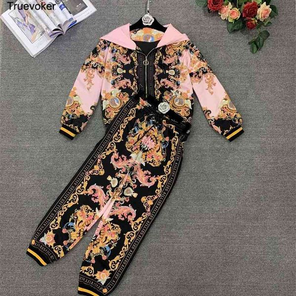 

truevoker runway fashion designer pant set women's full sleeve totem print hoodies with long casual two piece 210602, White