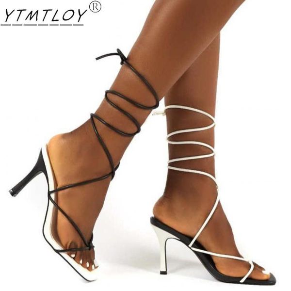 

sandals fashion lace-up ladies square toe stiletto party shoes high heels 9cm black and white mixed color 35-43 size
