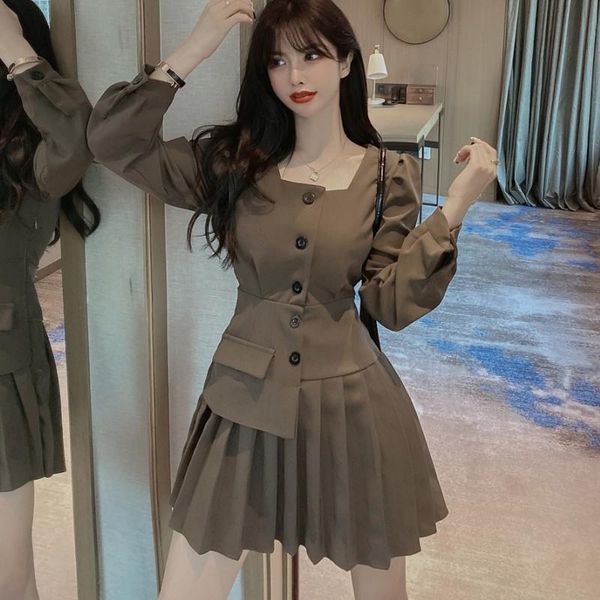 

casual dresses elegant blazer party dress 2021 korean autumn women long sleeve office female high waist vintage fashion slim pleated mini, Black;gray