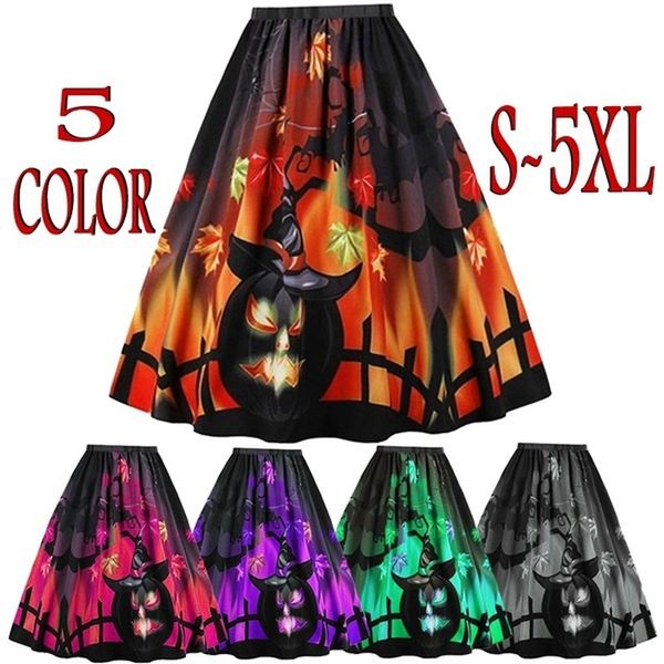 

autumn new product halloween pumpkin print mid-length half skirt women, Black;white