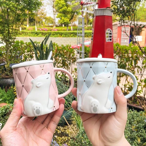 

mugs 1 piece of gift mug arrival fresh color cute 3d embossed polar bear ceramic with cover & spoon set coffee