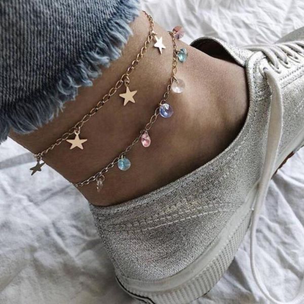 

anklets 2pcs/set women boho star colorful rhinestone charm sandal anklet ankle bracelet for female foot jewelry, Red;blue