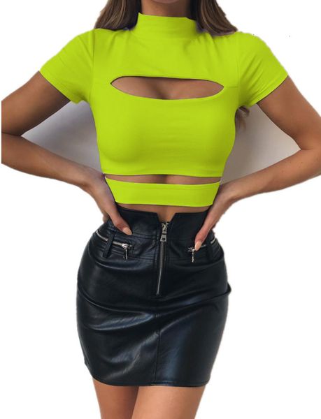 

2019 new women's t-shirt solid half high collar hollow splicing short sleeve, White