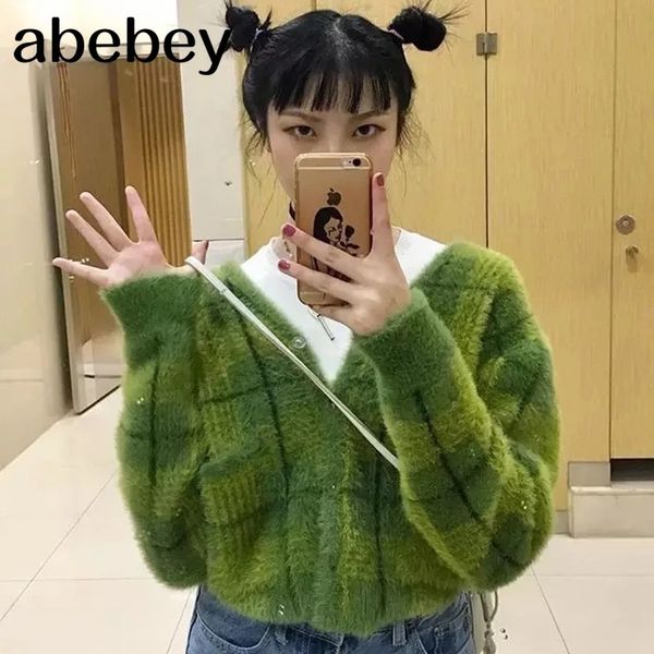 

fuzzy green plaid cardigan with front button women cropped cardigan sweater / 210218, White;black