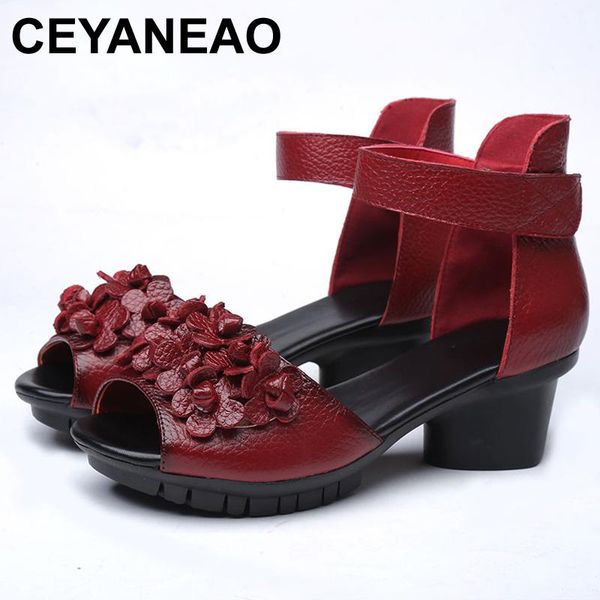 

ceyaneaogenuine leather shoes summer sandals for woman med heels shoes fashion floral women party gifte970, Black