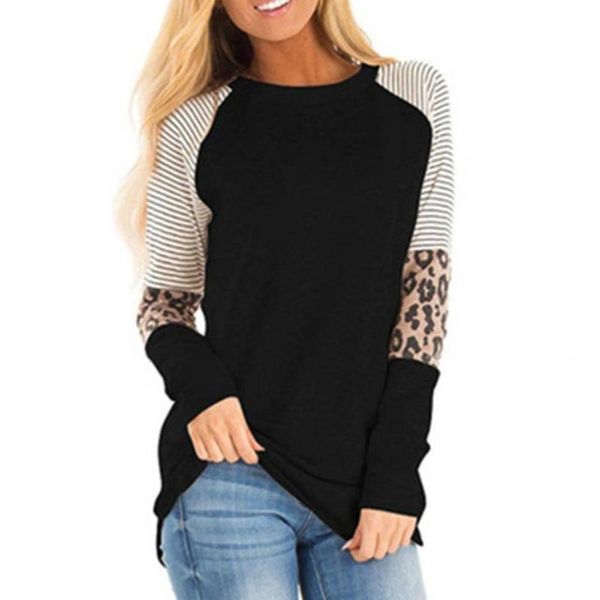 

women's blouses & shirts women blouse leopard print polyester round neck all match long sleeve color stitching, White