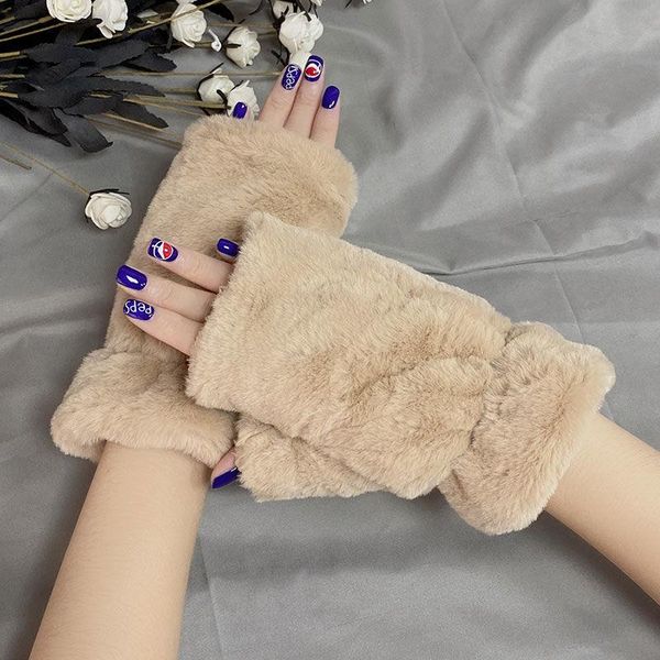 

five fingers gloves half-finger female mittens winter faux fur korean warmth plus velvet thickening cute pure color simple, Blue;gray