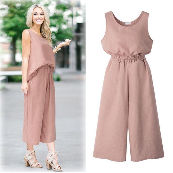 

two piece dress summer cotton linen 2 set tracksuit women sleeveless o-neck vest + wide leg pants suit office lady casual work wear female, White