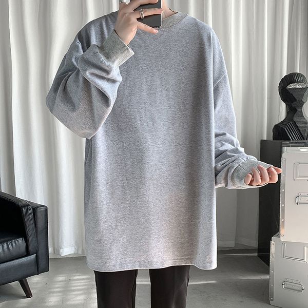 

2021 new spring cotton t-shirt men's fashion solid color casual o-neck t shirt men streetwear long-sleeved tshirt mens t15s, White;black