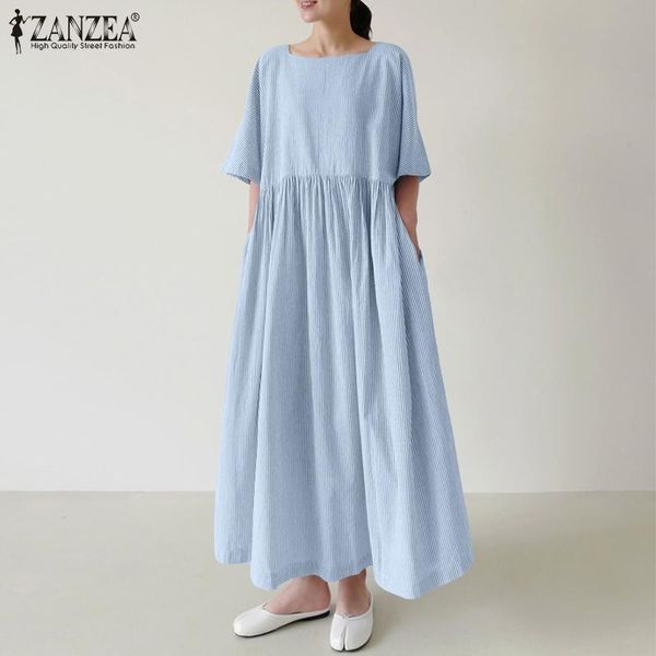 

plus size fashion striped dress women's summer sundress 2021 zanzea casaul short sleeve maxi vestidos female square neck robe, Black;gray