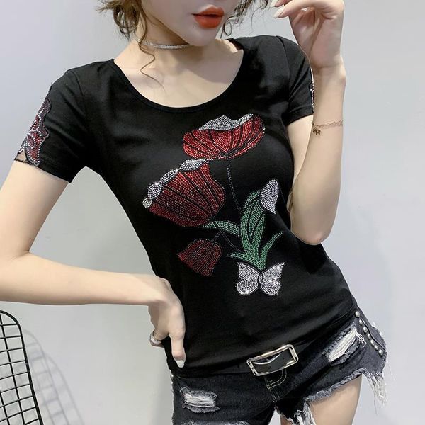 

summer fashion korean clothes t-shirt lotus diamonds cotton women ropa mujer short sleeve back tees 2021 new t04512, White