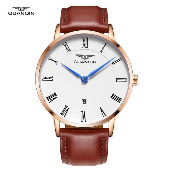 

wristwatches mens watch guanqin gs19102 7.5 mm thickness quartz watches date men's leather belt roman for men support drop, Slivery;brown