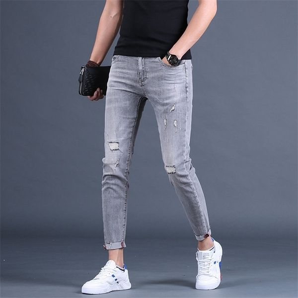 Оптом стирки дыма серые джинсы мужские лодыжки длина брюки брюки бренд тонкие ноги летом разорванные отверстия корейский повседневный карандаш 21111