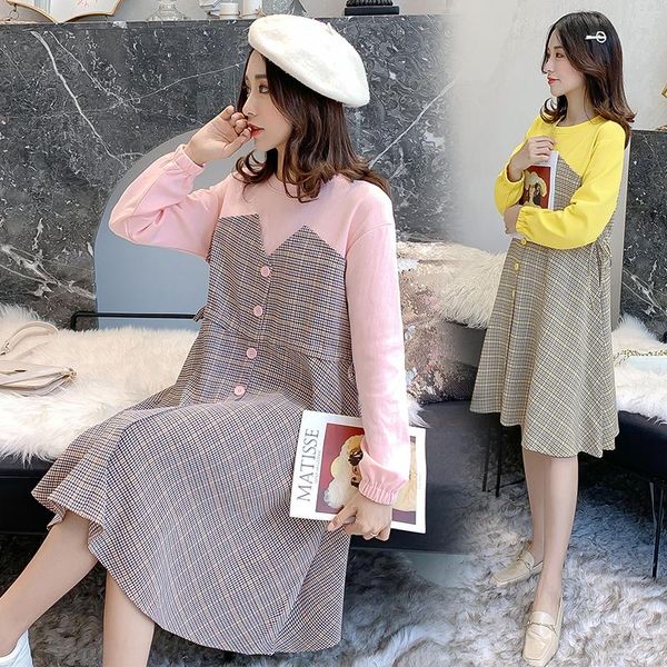 

maternity dresses 8917# dress spring autumn cotton long sleeve false two-piece for pregnant women mom, White