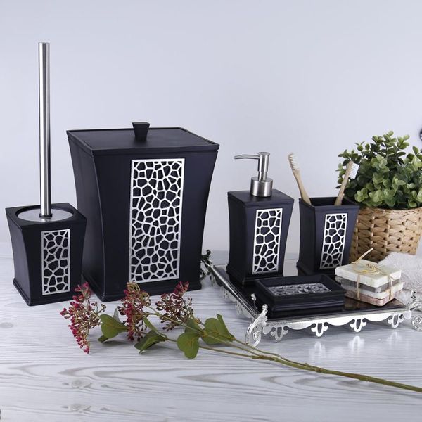 

bath accessory set siena unique black silver color with dustbin, toilet brush, liquid soap dispenser, toothbrush holder, dispenser