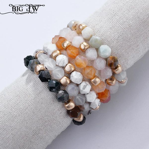 

charm bracelets big j.w six-tone white natural marble stone faceted beaded strechable stacked bracelet for women bohemia jewelry, Golden;silver