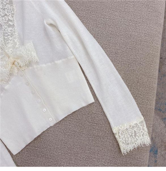 

women new elegant all-matching thin lace bow hem v-neck thin knit shirt female clothes, White