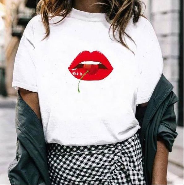 

red lip eat cherry print t shirt women short sleeve o neck loose tshirt 2021 summer fashion women tee shirt, White