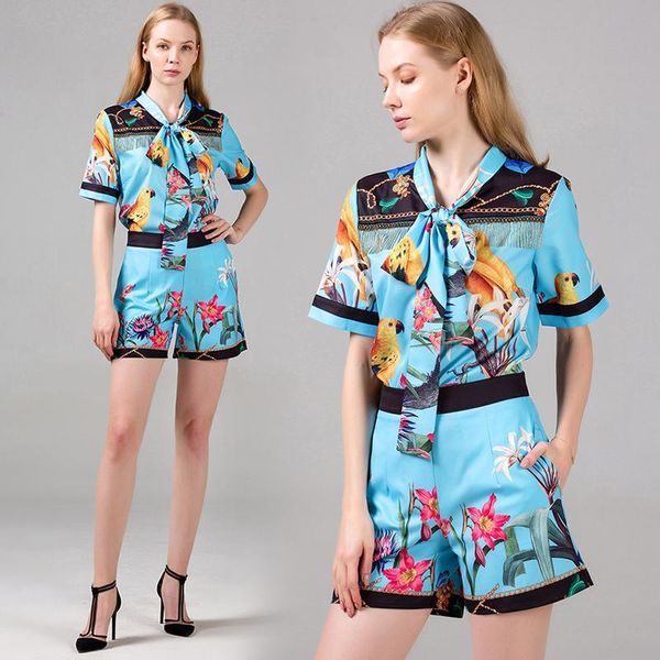 

women's tracksuits summer runway 2 piece womens ladies sets vintage print bow tie neck short sleeve shirt blouse shorts tracksuit outfi, Gray