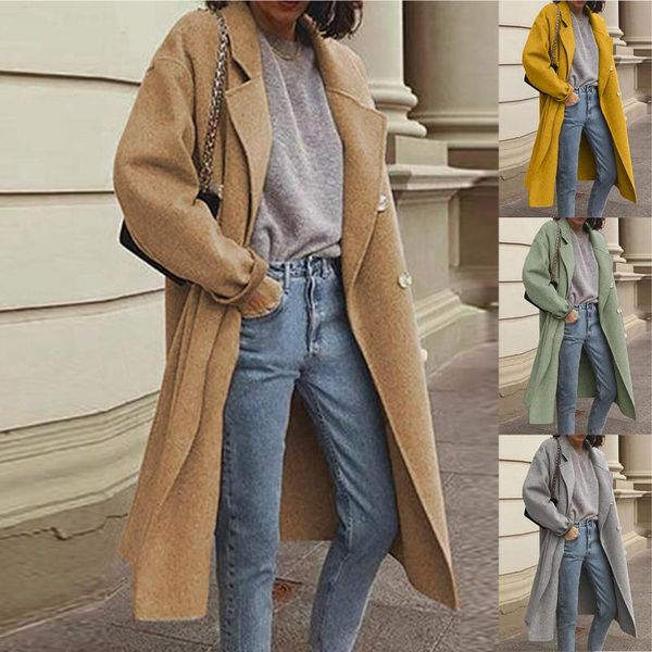 

women's wool & blends winter warm coat trench faux thin jacket ladies slim solid color button long overcoat #8, Black