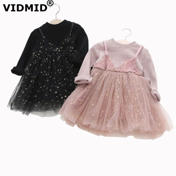 Primavera bebê meninas vestidos de algodão para laço rosa princesa festa meninas crianças estrelas mangas compridas crianças vestido 7109 01 210622