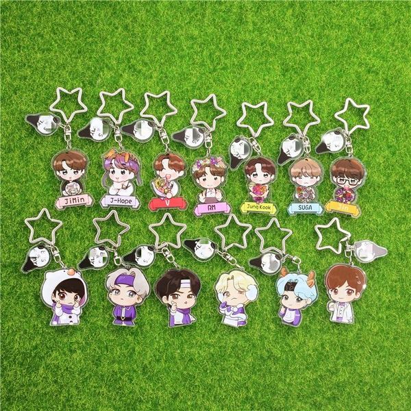 

party favor kpop 3pcs/set double sides cartoon cute bangtan boys key chain accessories ring pendant keyring gifts acrylic keychain