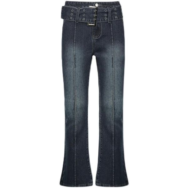 

women's jeans denim women pants retro belt high-waist micro-cut trousers wild wide-leg trendy flared hong kong style, Blue