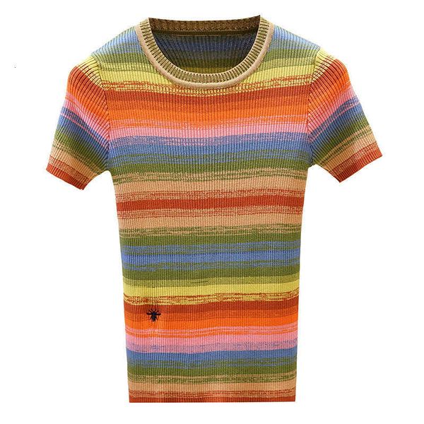 

women's t-shirt fashion raiow striped shirt women short sleeve knitted summer tee harajuku sequin camisetas bqqh, White