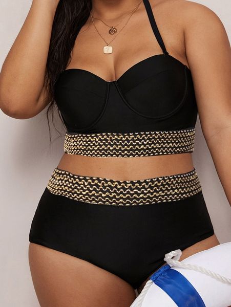 

plus chain pattern tape push up bikini swimsuit h0h3#, Black