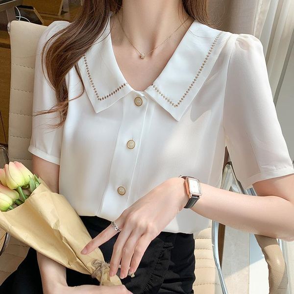 

women's blouses & shirts chiffon shirt with baby collar for summer wear, White