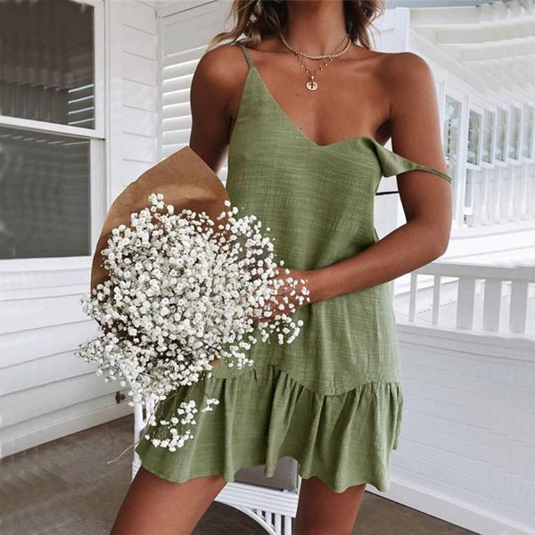 

casual dresses spaghetti strap ruffle dress women summer 2021 cotton linen vestidos green off shoulder mini sundress, Black;gray